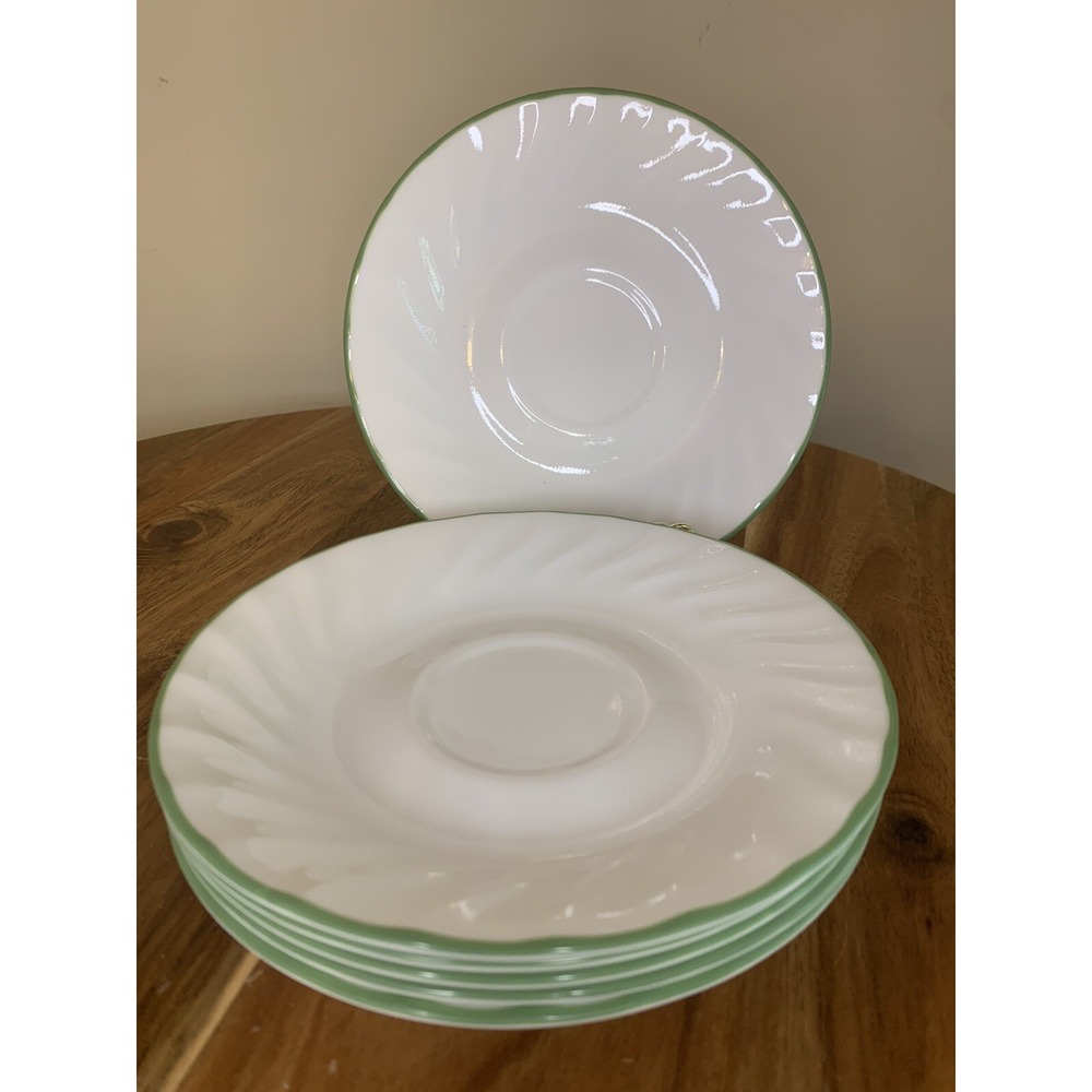 6 Corelle By Corning Swirl Pattern Cup Saucers White With Green Rim Lot Of 6